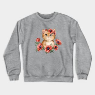 Ginger kitten with anemone wreath Crewneck Sweatshirt